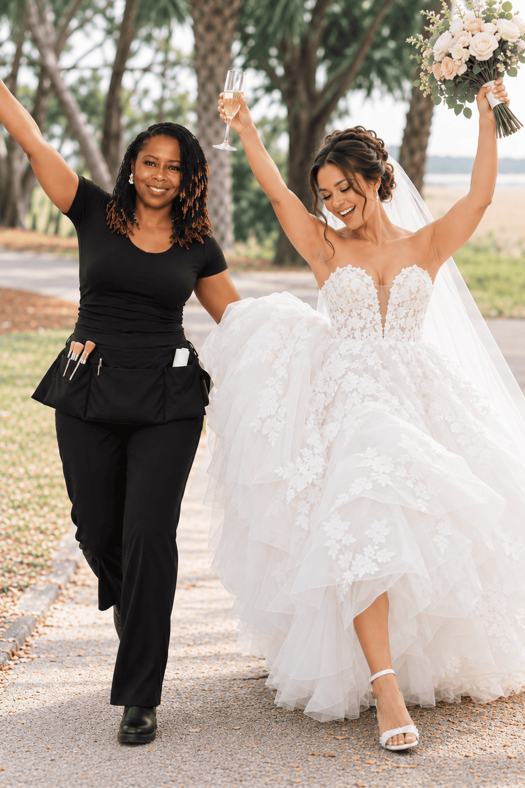Bride and concierge walking together on the wedding day