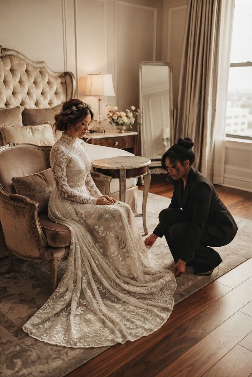 Bride in a veil and lace gown looking down at her bouquet