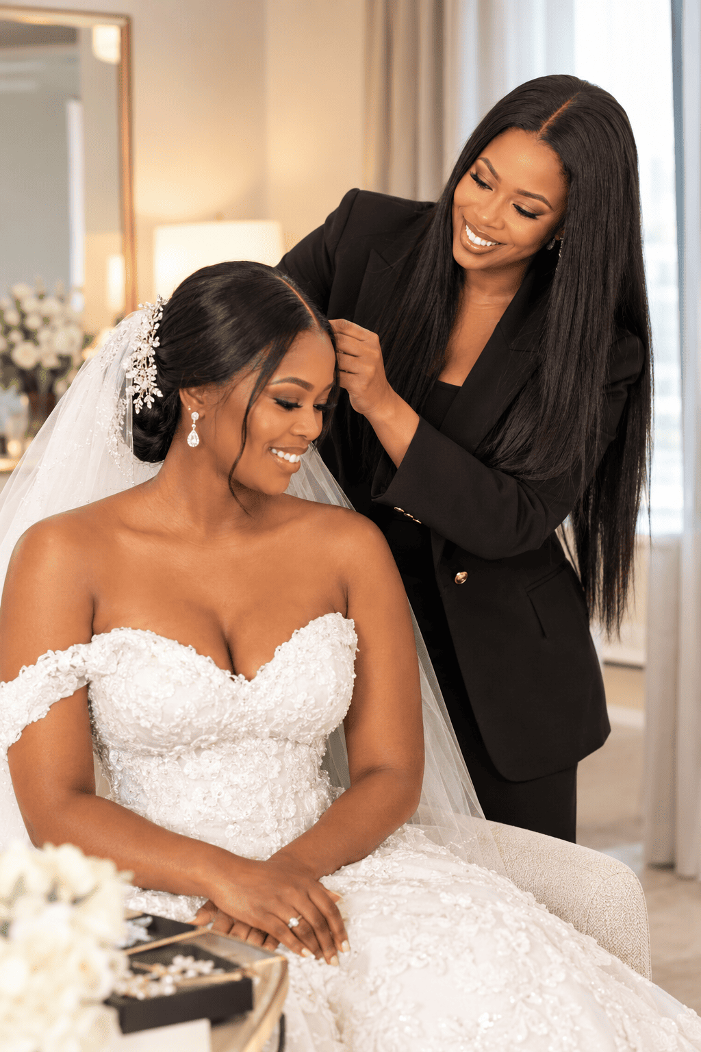 Bride wearing a tiara and veil holding a blush bouquet at her reception